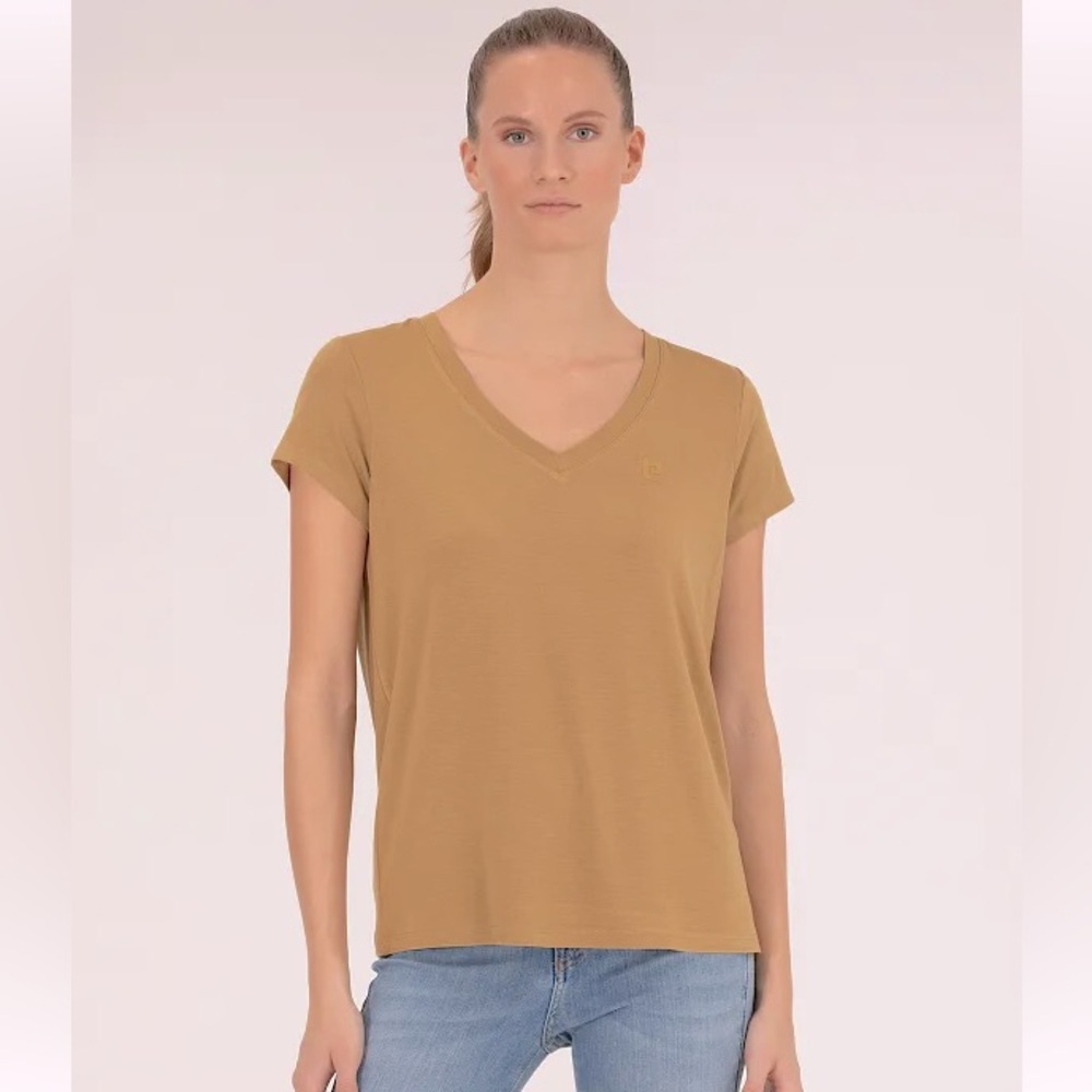 Venti 6 Women's Tan V-Neck Short Sleeve Top (Made in Italy)